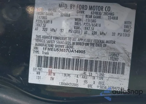 2007 Ford Explorer Sport Trac Limited из США, поврежденный, VIN 1FMEU53857UA14905